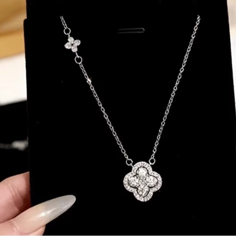 Silver Clover Pendant Pave Necklace